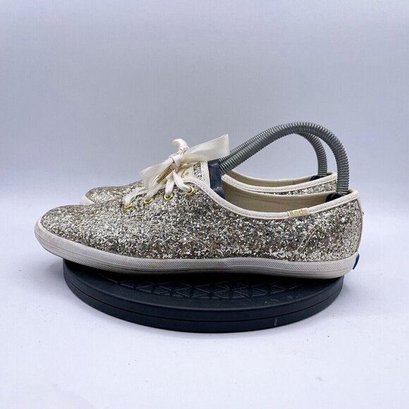 Kate Spade X Keds Glitter Sneakers Womens 8.5 Gold Low Ribbon Lace Casual - Picture 2 of 9